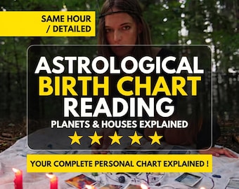 May include: An astrological birth chart reading service advertisement featuring text that reads SAME HOUR / DETAILED, ASTROLOGICAL BIRTH CHART READING, PLANETS & HOUSES EXPLAINED, and YOUR COMPLETE PERSONAL CHART EXPLAINED ! with five yellow stars.