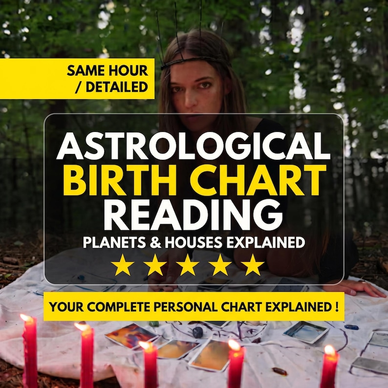 Puede incluir: Un anuncio de servicio de lectura de carta astral con el texto SAME HOUR / DETAILED, ASTROLOGICAL BIRTH CHART READING, PLANETS & HOUSES EXPLAINED, y YOUR COMPLETE PERSONAL CHART EXPLAINED ! junto a cinco estrellas amarillas.