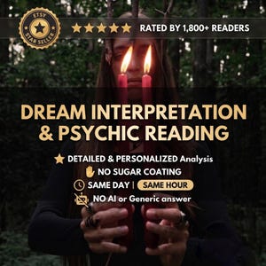 May include: Two red candles with lit flames held in hands. Text reads: DREAM INTERPRETATION & PSYCHIC READING, RATED BY 1,800+ READERS, DETAILED & PERSONALIZED Analysis, NO SUGAR COATING, SAME DAY | SAME HOUR, NO AI or Generic answer. Etsy Star Seller.