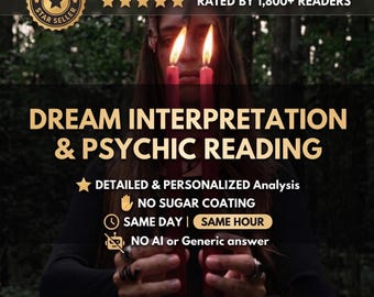 May include: Two red candles with lit flames held in hands. Text reads: DREAM INTERPRETATION & PSYCHIC READING, RATED BY 1,800+ READERS, DETAILED & PERSONALIZED Analysis, NO SUGAR COATING, SAME DAY | SAME HOUR, NO AI or Generic answer. Etsy Star Seller.