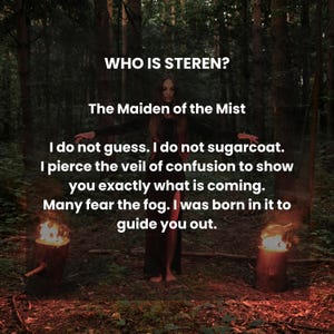 May include: An image with text that reads "WHO IS STEREN? The Maiden of the Mist. I do not guess. I do not sugarcoat. I pierce the veil of confusion to show you exactly what is coming. Many fear the fog. I was born in it to guide you out."