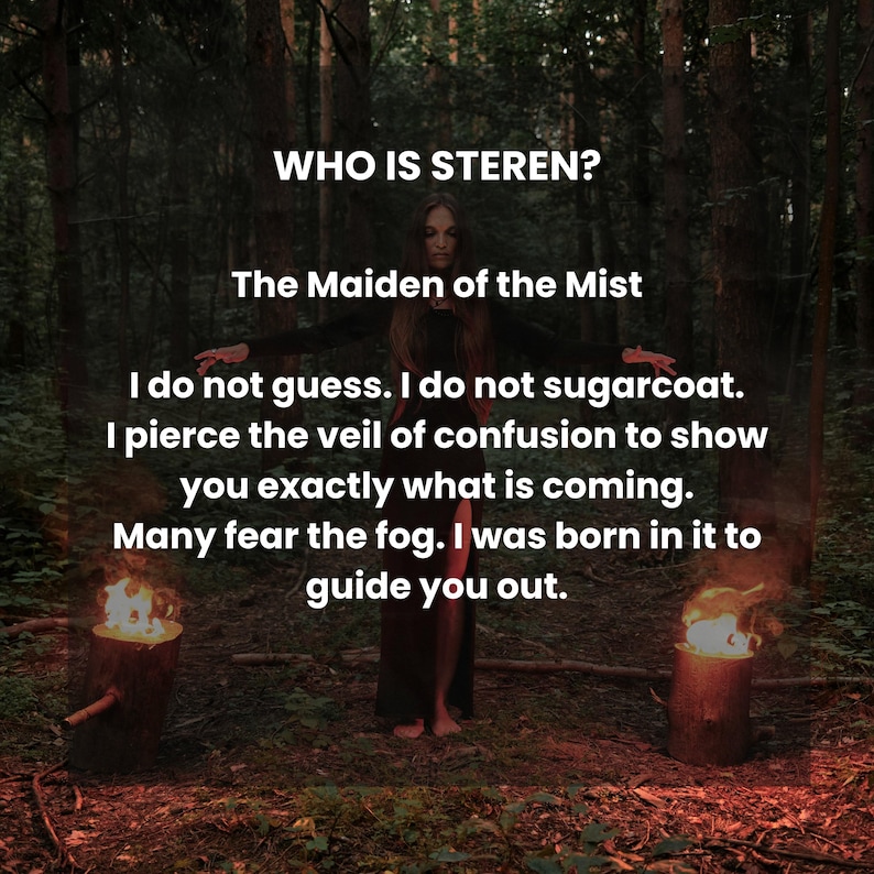 May include: An image with text that reads "WHO IS STEREN? The Maiden of the Mist. I do not guess. I do not sugarcoat. I pierce the veil of confusion to show you exactly what is coming. Many fear the fog. I was born in it to guide you out."