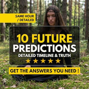Może przedstawiać: Osoba w czarnym ubraniu z długim rękawem i ciemnej koronie, z napisami: SAME HOUR / DETAILED, 10 FUTURE PREDICTIONS, DETAILED TIMELINE & TRUTH, pięcioma żółtymi gwiazdkami oraz GET THE ANSWERS YOU NEED ! na tle leśnego krajobrazu.