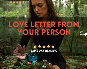 May include: A person in a black long-sleeved dress with a blue crystal ball and small stones. Text overlays include 5 STAR REVIEWS, LOVE LETTER FROM YOUR PERSON, SAME DAY READING, and MYSTICCORNWALL. The setting is a forest with green foliage.