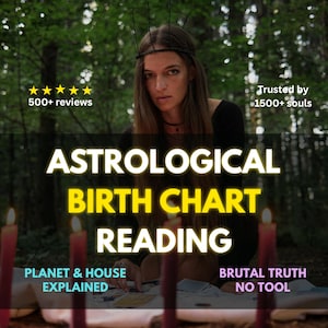 May include: An astrological birth chart reading service featuring text that reads 500+ reviews, Trusted by 1500+ souls, ASTROLOGICAL BIRTH CHART READING, PLANET & HOUSE EXPLAINED, and BRUTAL TRUTH NO TOOL, with red candles in the foreground.