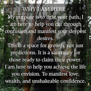 Puede incluir: Una persona con cabello largo y casta&ntilde;o lleva una corona de ramas oscuras sobre un fondo de bosque. El texto dice: WHY I AM HERE? My purpose is to light your path. I am here to help you cut through confusion and manifest your deepest desires.