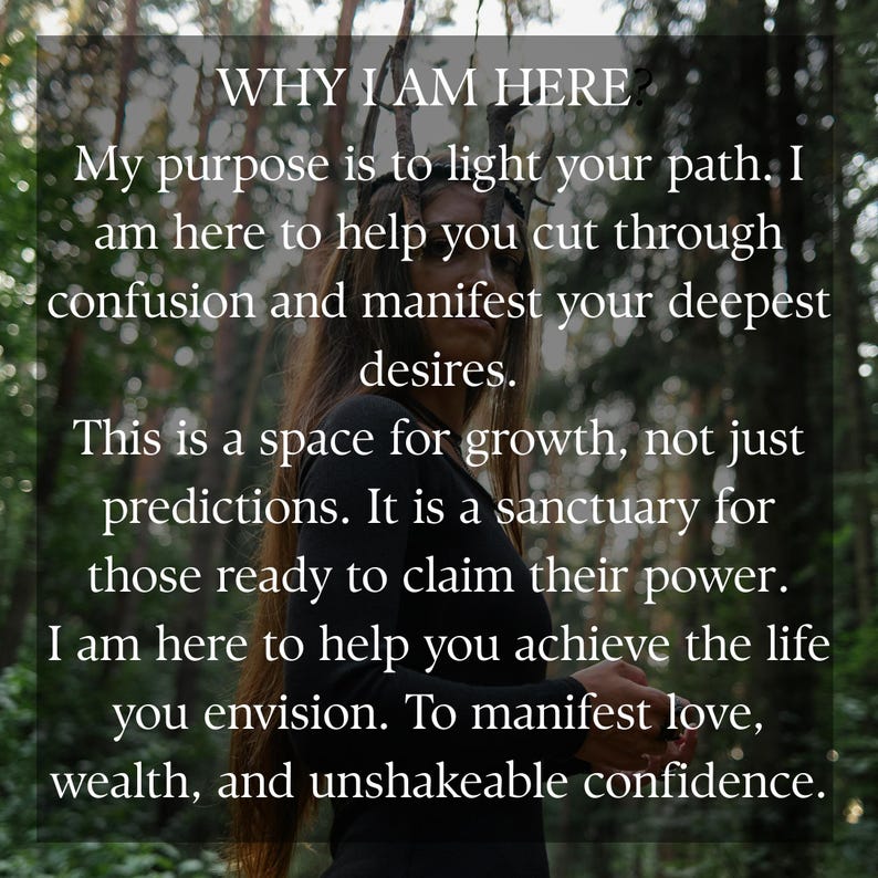 Puede incluir: Una persona con cabello largo y casta&ntilde;o lleva una corona de ramas oscuras sobre un fondo de bosque. El texto dice: WHY I AM HERE? My purpose is to light your path. I am here to help you cut through confusion and manifest your deepest desires.
