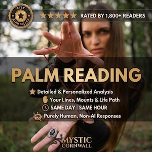 Könnte beinhalten: Eine Werbeanzeige für Handlesen mit dem Text: PALM READING, RATED BY 1,800+ READERS, Detailed & Personalized Analysis, Your Lines, Mounts & Life Path, SAME DAY | SAME HOUR, Purely Human, Non-AI Responses, und MYSTIC CORNWALL.