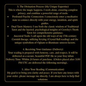 May include: A black background with white text detailing the divination process, including psychic connection, tarot mastery, and ancestral tools. The text also describes the delivery of a PDF file and after-reading communication.