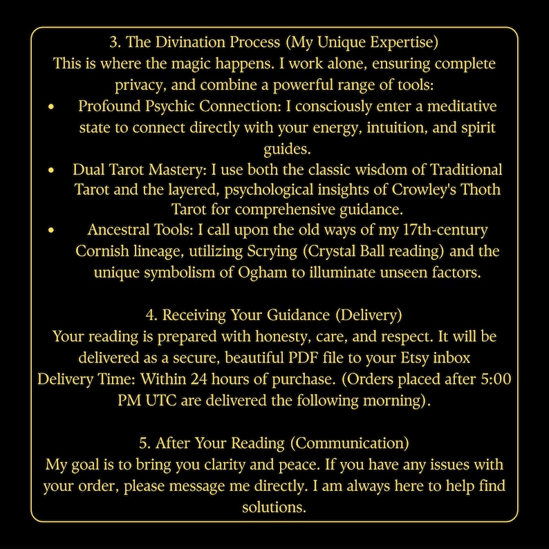 May include: A black background with white text detailing the divination process, including psychic connection, tarot mastery, and ancestral tools. The text also describes the delivery of a PDF file and after-reading communication.