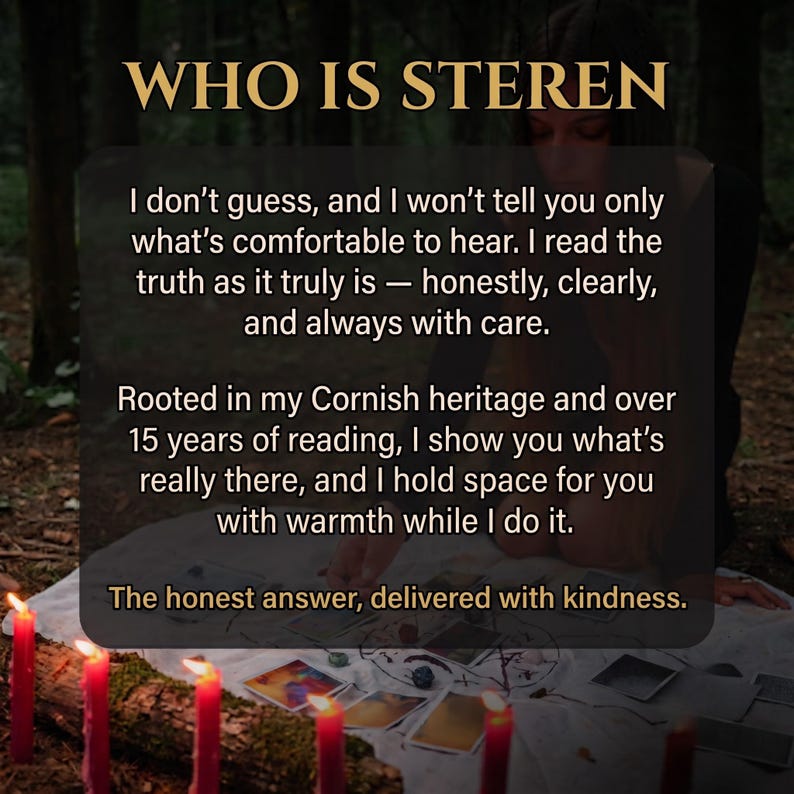 May include: A rectangular graphic with the gold text WHO IS STEREN at the top. The body text reads: I don't guess, and I won't tell you only what's comfortable to hear. I read the truth as it truly is &mdash; honestly, clearly, and always with care.