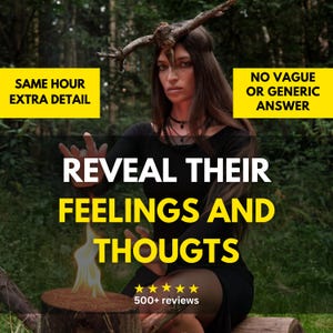 Puede incluir: Una mujer con un vestido negro y un tocado de madera. El texto de la imagen dice: "REVELA SUS SENTIMIENTOS Y PENSAMIENTOS", "DETALLE EXTRA DE LA MISMA HORA" y "SIN RESPUESTA VAGA O GENÉRICA". Un pequeño fuego arde sobre un tocón de madera.