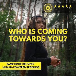 May include: A person with long brown hair wearing a headpiece made of thin, bare tree branches. The person wears a black long-sleeved shirt. Text on the image reads: WHO IS COMING TOWARDS YOU? and SAME HOUR DELIVERY HUMAN-POWERED READINGS.