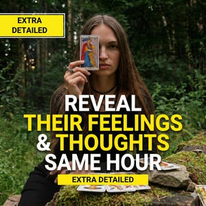 May include: A woman holding a tarot card in front of her face, with the text "REVEAL THEIR FEELINGS & THOUGHTS SAME HOUR" in yellow. The image also includes the text "EXTRA DETAILED" in a yellow box.