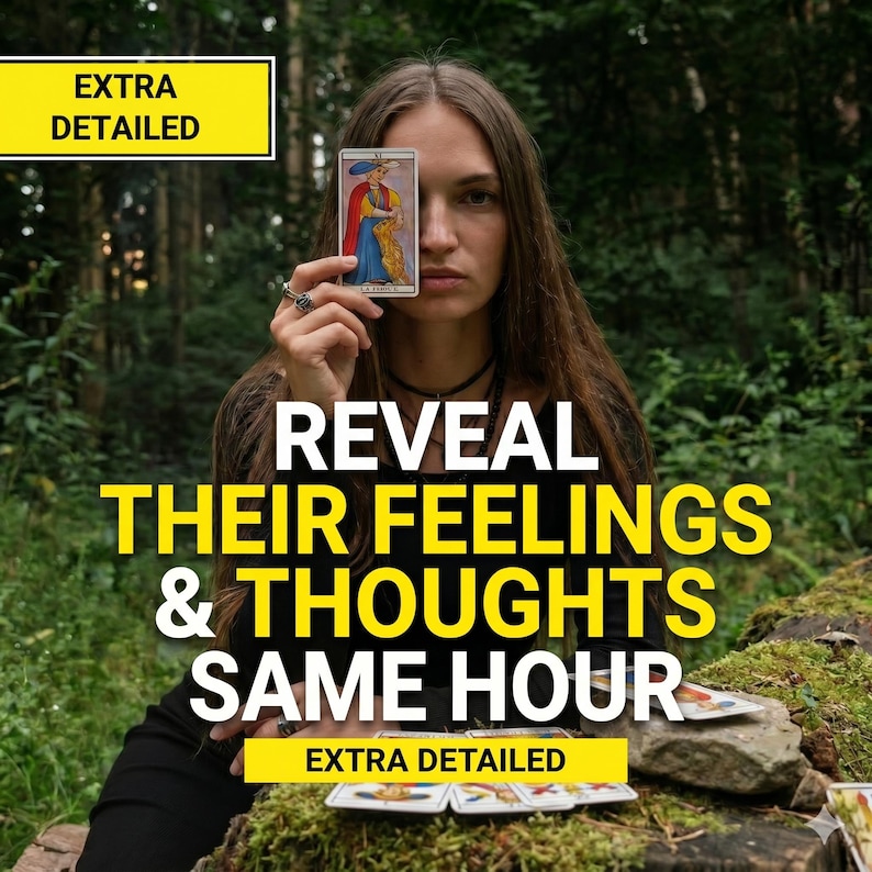 May include: A woman holding a tarot card in front of her face, with the text "REVEAL THEIR FEELINGS & THOUGHTS SAME HOUR" in yellow. The image also includes the text "EXTRA DETAILED" in a yellow box.