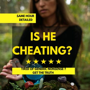 May include: A blue crystal ball sits on a mossy surface with various polished stones. Text overlays read: SAME HOUR DETAILED, IS HE CHEATING?, five yellow stars, and TIRED OF GENERIC NONSENSE? GET THE TRUTH. The scene features a dark-clothed figure.