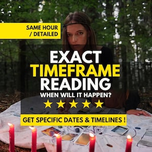 May include: A person wearing a dark top and a thin wire crown, positioned behind a white cloth spread with tarot cards and several lit red candles. Text overlays read: SAME HOUR / DETAILED, EXACT TIMEFRAME READING, WHEN WILL IT HAPPEN?, GET SPECIFIC DATES & TIMELINES!