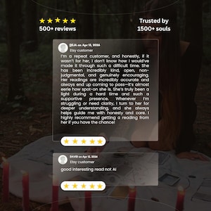 May include: Image featuring customer reviews with a forest background. Text includes "500+ reviews" and "Trusted by 1500+ souls." Reviews are displayed in transparent boxes with customer names and dates. One review states "good interesting read not AI."