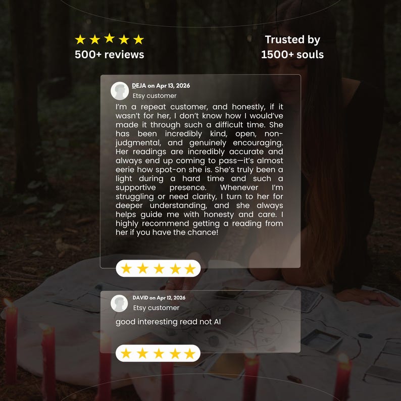 May include: Image featuring customer reviews with a forest background. Text includes "500+ reviews" and "Trusted by 1500+ souls." Reviews are displayed in transparent boxes with customer names and dates. One review states "good interesting read not AI."