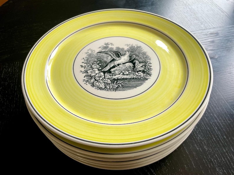 May include: A stack of yellow ceramic plates with a black and white bird and floral design in the center. The plates have a yellow rim with a thin black and blue border. The plates are stacked on a dark surface.
