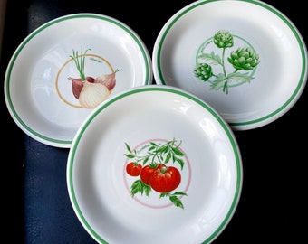 Three Himark Vintage Dinner Plates, Made in Italy. Can be sold as a set of three or individually. Tomato, Onion, and Artichoke varieties.