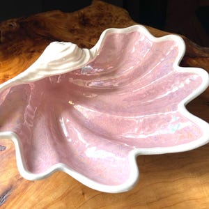 May include: A ceramic bowl shaped like a large seashell with a glossy, iridescent light pink interior and a solid white rim. The exterior of the shell hinge is textured with white ridges, and the overall form features organic, scalloped edges.
