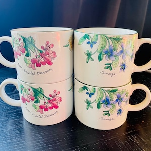 Set of 4 Geranium Mugs by Sakura Majesticware designed by Sue Zipkin 1997 Excellent Condition.