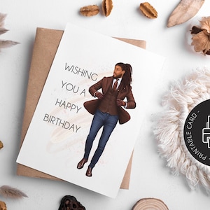 Tarjeta de cumpleaños imprimible / Tarjeta de cumpleaños de hombre negro / Tarjeta negra imprimible / Descargar e imprimir en casa / Tarjeta de cumpleaños de hombre con traje