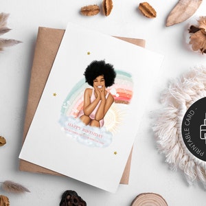 Carte d'anniversaire imprimable | carte d'anniversaire fille noire | Joyeux anniversaire fille carte imprimable à télécharger | Reine d'anniversaire noire | Fille à la peau brune