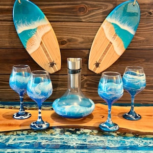 Resin Ocean Wine Glasses, Crystal Wine Decanter Set, Handmade Beach Stemware