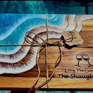 Ocean Charcuterie Board - Personalized Teak Serving Board with Sea Turtle Handles - Prefect Wedding Gift