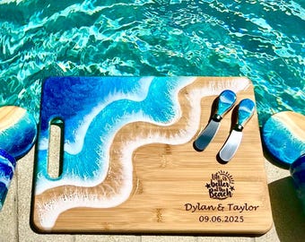 Personalized Ocean Resin Charcuterie Board: Engraved Bamboo Wood Serving Tray