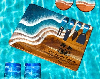 Personalized Ocean Resin Charcuterie Board: Acacia or Teak, Engraved Gift