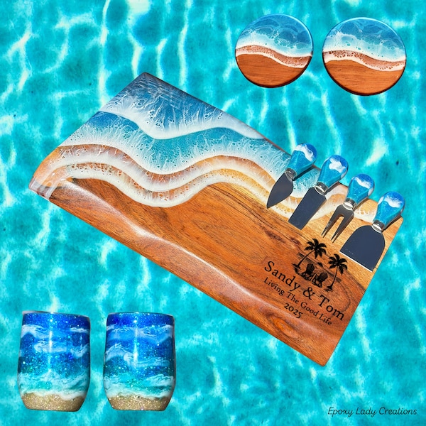 Live Edge Acacia Wood Charcuterie Board: Ocean Resin Art