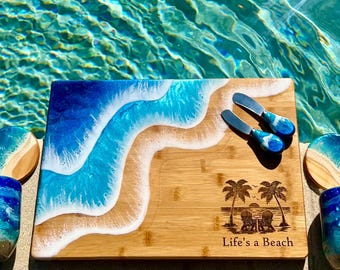 Personalized Ocean Resin Bamboo Charcuterie Board, Beach House Serving Tray with Handles