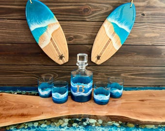 Handmade Resin Ocean Whiskey Rocks Glass & Decanter Set, Beach Barware