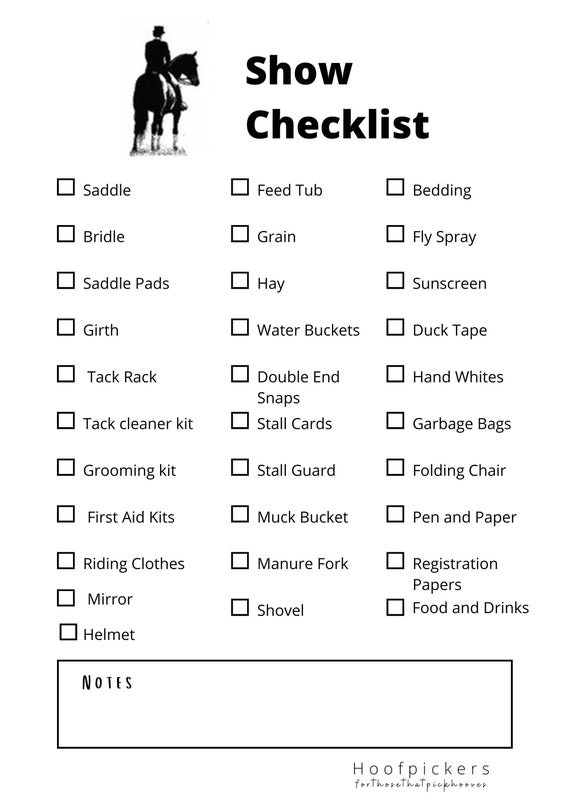 Dressage Horse Show Checklist Sheet Etsy