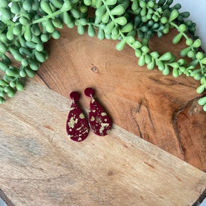 Polymer Clay Earring - Maroon and Gold Teardrop