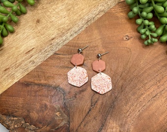 Polymer Clay Earring - Pink Marbled Hexagon