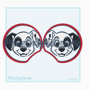 May include: Two car coasters featuring a Dalmatian dog design. Each coaster has a red border and a white background with a black and white dog face. The text "Mousey Dots Designs" is visible on the coasters.