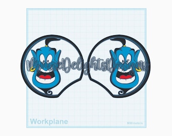 May include: Two-piece design featuring a blue cartoon genie with a large smile, gold earring, and black hair. The genie is set within a black outline, with the text "Mouse Delights Shop" in a cursive font. The design is on a grid background.