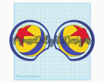 May include: A pair of blue, yellow and red Mickey Mouse ears featuring a stylised image of a ball with a red star on it. The ears are designed to look like the ball from the film "Toy Story".