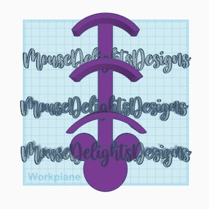 May include: A 3D printed purple Mickey Mouse head cookie cutter with the text "Mouse Delights Designs" repeated three times.