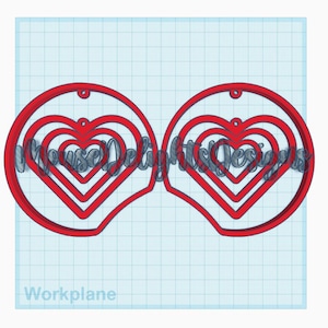 May include: Two red heart-shaped earrings with a layered heart design. The earrings are made of acrylic and have a hole at the top for hanging.
