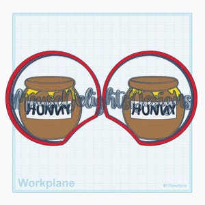 May include: Two brown honey pots with yellow honey and the word "HONNY" in a white rectangle. The honey pots are inside a red circle with the text "Mouse Delight Designs" in a cursive font. The background is a light blue grid.