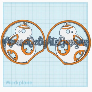 May include: A pair of orange and white mouse ears with a design of BB-8 from Star Wars. The ears are made of a 3D printed material.