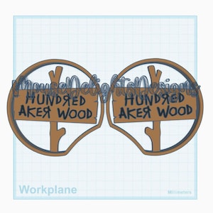 May include: Two brown wooden sign cutouts with the text "Hundred Aker Wood" in a whimsical font. The signs are set against a light blue grid background, with a brown border and a tree branch design.
