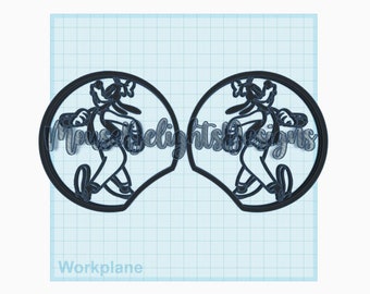 May include: Black outline of two Mickey Mouse ear designs. Each ear design features a silhouette of Mickey Mouse holding a cane inside a circular frame. The text "Mouse Delights Designs" is in cursive between the two ear designs.