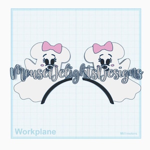 May include: A digital design featuring two white ghost figures with pink bows, black eyelashes, and rosy cheeks, positioned on a black curved headband base. The text MouseDelightsDesigns is overlaid across the center of the graphic on a grid background.