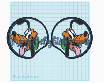 May include: A pair of black and orange Mickey Mouse ears with a cartoon image of Pluto on each ear. The ears are designed to look like Pluto's head.